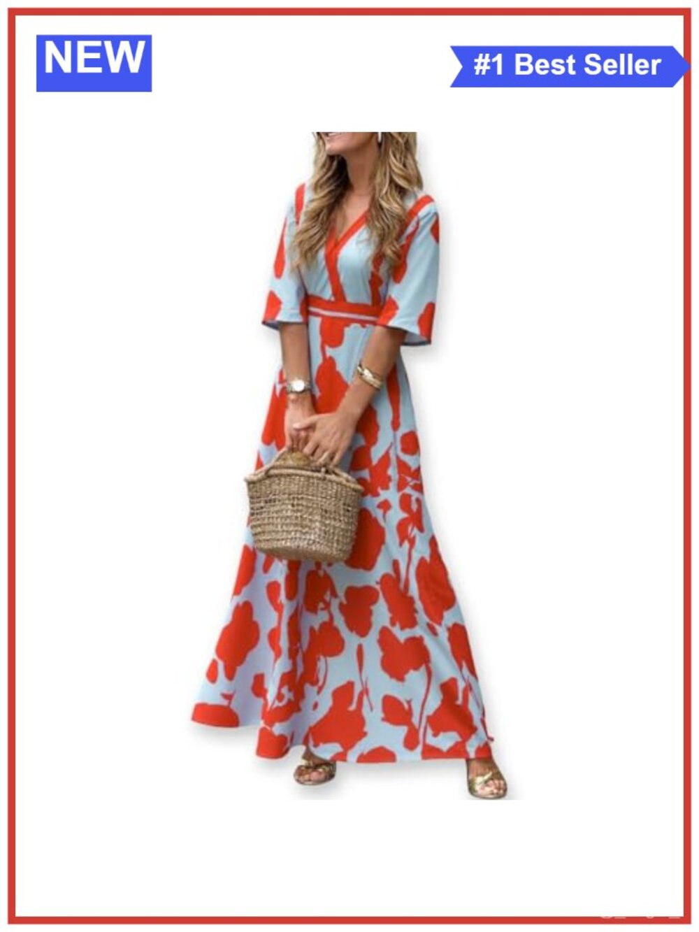 Women's Boho Floral V Neck Satin Maxi Dress with Sleeves & Slit